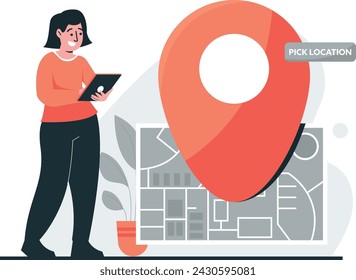 Illustration of Woman Marking Location on Map