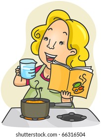 Illustration of a Woman Measuring the Ingredients She Will Use for the Food She is Cooking