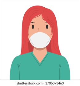 Illustration of a woman with medical breathing mask in flat style. Anti coronavirus pandemic. Design element for poster, card, banner, flyer. Vector illustration