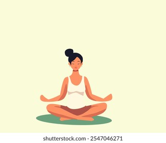 Ilustración de una mujer meditando en una cómoda posición de piernas cruzadas sobre una colchoneta, irradiando calma y enfoque. Perfecto para conceptos de atención plena, meditación, relajación y cuidado personal