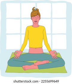 An illustration of a woman meditating or doing yoga or Pilates