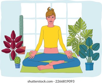 An illustration of a woman meditating or doing yoga or Pilates surrounded by house plants in pots