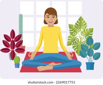 An illustration of a woman meditating or doing yoga or Pilates surrounded by house plants in pots