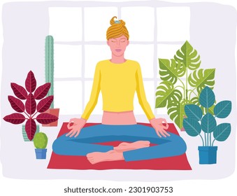 An illustration of a woman meditating or doing yoga or Pilates surrounded by house plants in pots