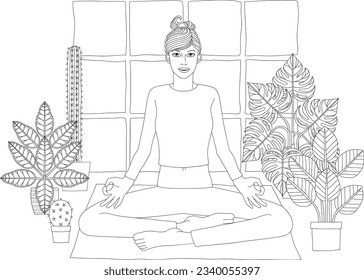 An illustration of a woman meditating or doing yoga or Pilates surrounded by house plants in pots