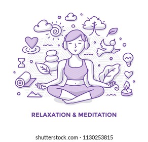 Illustration der Frau, meditieren in Lotus Pose, hören Sie Musik mit Kopfhörern und entspannen. Achtsamkeit und Meditation