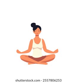 Illustration woman meditating in lotus pose. She is wearing white and brown activewear with her hair tied up. Minimalist style on a white background, perfect for yoga, wellness, and relaxaxing themed