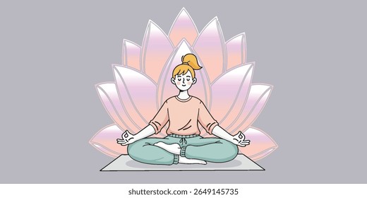 Illustration of a woman meditating in lotus position with a glowing lotus flower background. Wellness, mindfulness, yoga, balance, peace, and spirituality concept.