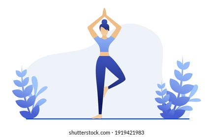 Illustration of a woman meditating in nature. Yoga class in quarantine. Concept for yoga, meditation, relaxation. Stock vector illustration EPS 10
