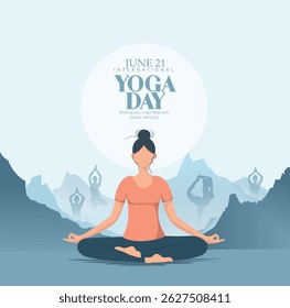  illustration of a woman meditating peacefully outdoors, celebrating International Yoga Day on June 21.