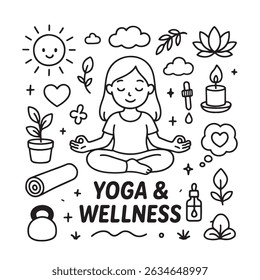 Illustration of a woman meditating surrounded by wellness symbols like plants, candles, and yoga mat.
