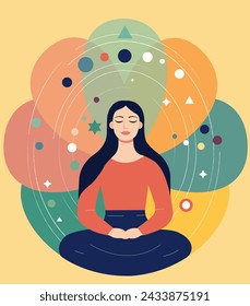 illustration of a woman in meditation or yoga pose, colorful background, brain waves, mindfulness concept