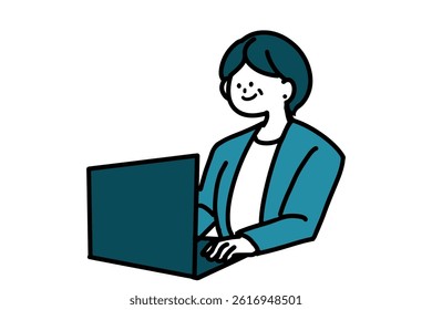 Illustration of a woman in the middle of a business person operating a laptop computer.