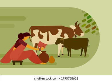 Illustration of a woman milking a cow while it's calf standing nearby. 