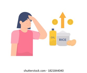 illustration of a woman or mother holding her head and experiencing dizziness because she thinks about the rising price of basic foodstuffs. concept of basic needs and economic crisis. flat style
