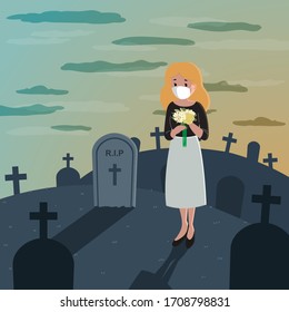 illustration of woman mourning alone at cemetery because of corona virus. Loss of relative. Flat style vector