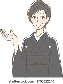 Illustration of a woman in mourning dress smiling and holding out her palm