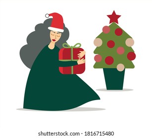 Illustration of woman or Mrs Claus character leaving a gift on Christmas Tree. Isolated on background