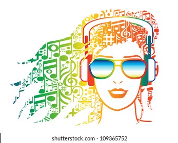 Illustration of woman with musical notes for hair wearing headphones.