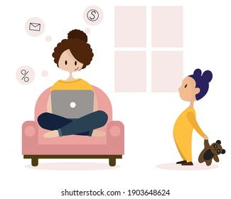 An Illustration Of A Woman Not Paying Attention To Her Child. Social Media Addiction. Work From Home Mom. Freelancer With Kids.