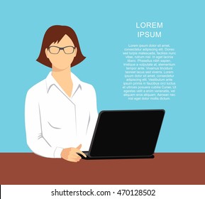 illustration of a woman in the office with a laptop isolated on blue  background