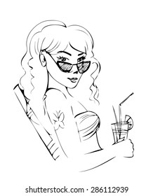 Illustration of the woman on chaise longue with cocktail.