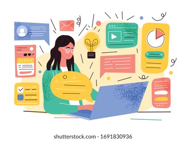 Illustration of woman on laptop in internet browsing concept with exploded diagrams of various tabs and pages. Vector illustration