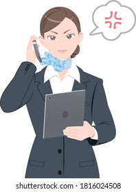 Illustration of a woman on the phone, angry woman on the phone, woman in a suit, white background