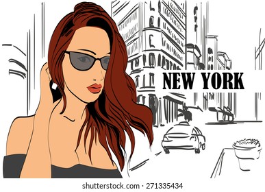 Illustration of a  woman  on the street New York city