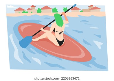 illustration of woman on a surfboard rowing. isolated background of sea, land, houses, trees. concept of sport, hobby, vacation, summer, etc. flat vector