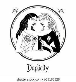 Illustration with a woman on the theme of duplicity.