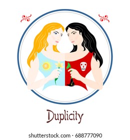 
Illustration with a woman on the theme of duplicity.
