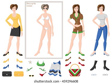 illustration of woman on white background in different clothing and accessories