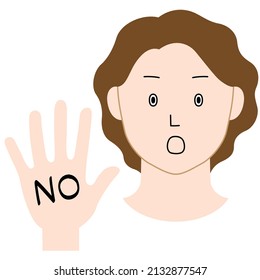 Illustration of a woman with one hand sticking out to indicate "NO" (white background, vector, cut out)