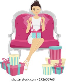 Illustration of a Woman Opening the Gifts from Her Bridal Shower