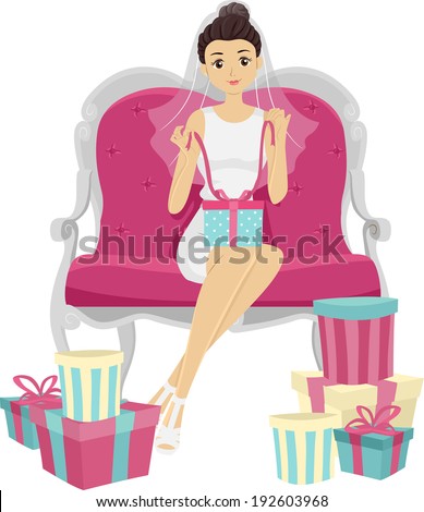 Illustration of a Woman Opening the Gifts from Her Bridal Shower