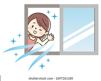 Illustration of woman opening a window to ventilate