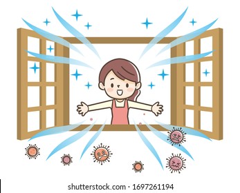 Illustration of woman opening a window to ventilate