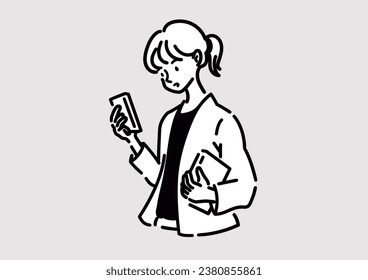 Illustration of a woman operating a smartphone. Business style. A woman works looking at her smartphone.