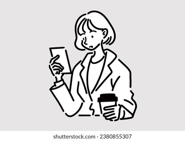 Illustration of a woman operating a smartphone. A woman is looking at her smartphone while drinking coffee at a cafe.