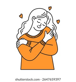 Ilustração de uma mulher em laranja abraçando-se alegremente. Ela representa o amor próprio e a aceitação com corações ao redor. Linhas simples e cores vibrantes melhoram a emoção positiva.