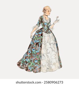 Illustration of a woman in an ornate, floral 18th-century gown, holding a rose. The elegant dress features intricate patterns and a vintage style. Vintage woman illustration isolated on white, vector.