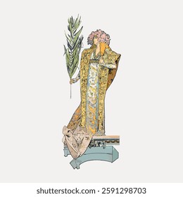 Illustration of a woman in ornate, flowing robes holding a palm branch. Elegant, detailed design with intricate patterns. Vintage, artistic style. Vintage art painting vector.