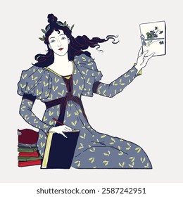 Illustration of a woman in a patterned dress holding a drawing. She sits with books, showcasing a vintage style. Artistic and vintage theme with books and drawing. Vintage woman illustration vector.