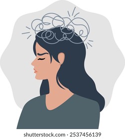 Uma ilustração de uma mulher com uma expressão pensiva, com pensamentos emaranhados representados por linhas giratórias acima de sua cabeça, simbolizando a opressão mental e ansiedade. 