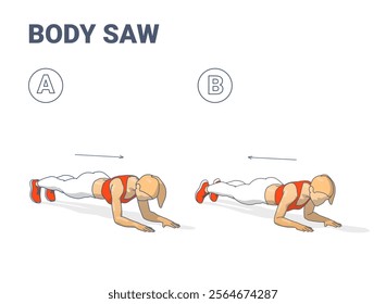  Illustration of a woman performing a body saw exercise in two steps, showing a core-strengthening workout to tone abs and enhance stability, ideal for fitness guides or workout tutorials.