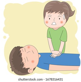 Illustration of a woman performing CPR with chest compressions on a male patient.