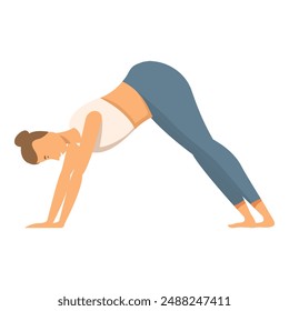Illustration of a woman performing the downward dog pose, showcasing calmness and flexibility
