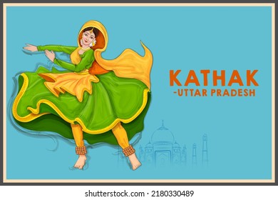 illustration of woman performing Kathak dance traditional folk dance of Uttar Pradesh, India