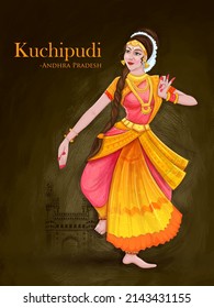 illustration of woman performing Kuchipudi dance traditional folk dance of Andhra Pradesh, India